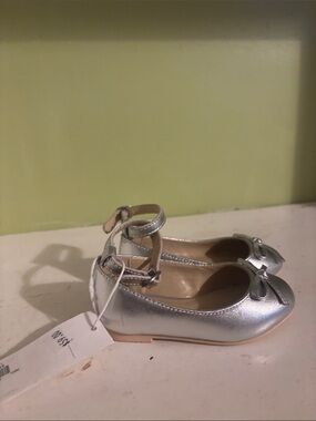 Janie and Jack Silver Ankle-Strap Ballet Flats with Bow size 5